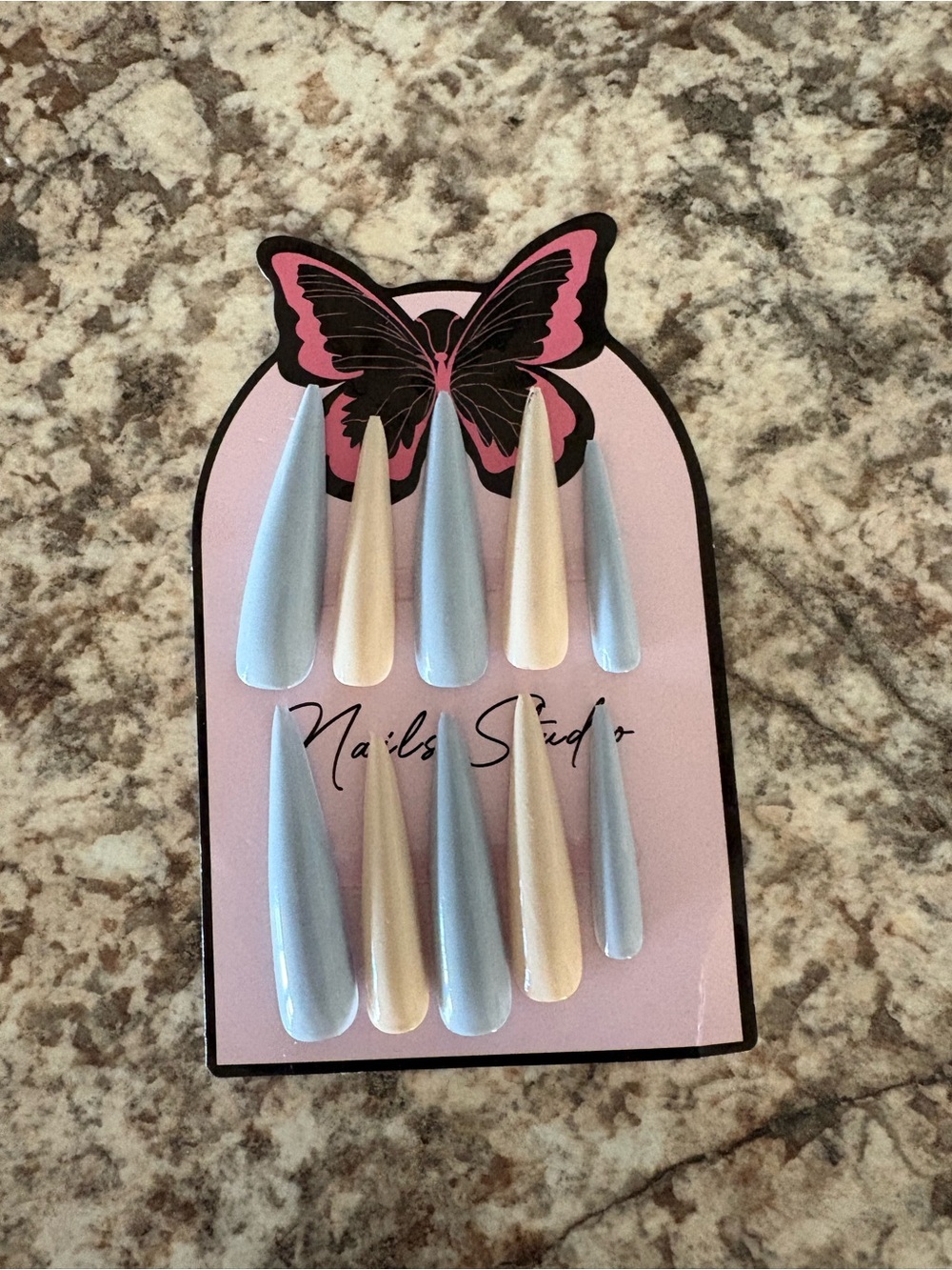 Press-On Stiletto Nails in Pastel Blue & Cream